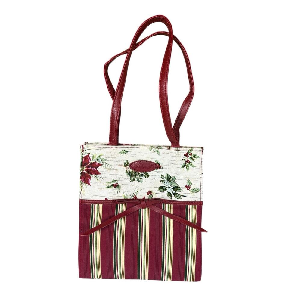 Longaberger Holiday Christmas Gift Bag Holly Berry Poinsettia Striped Fabric 9"